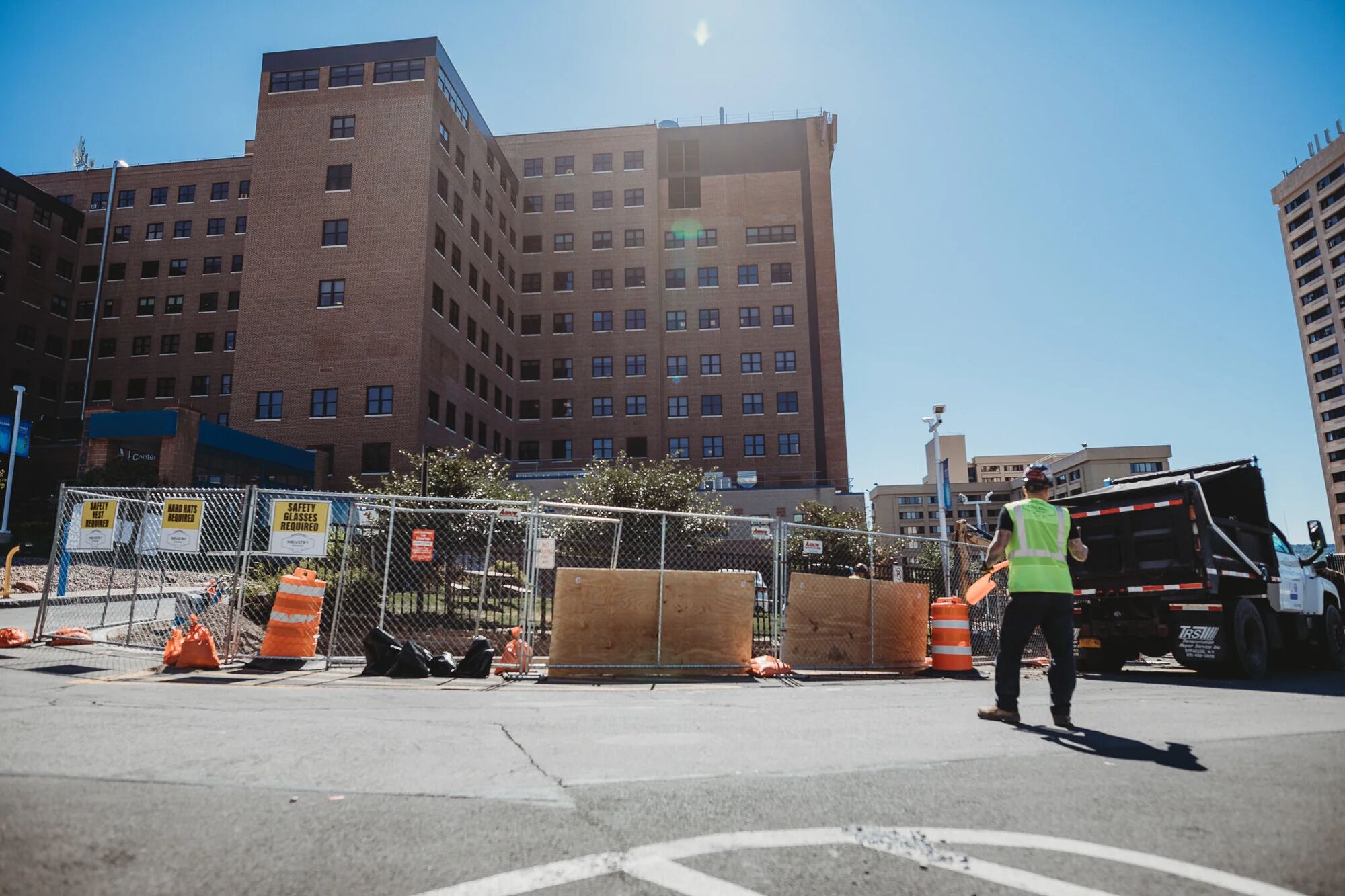 Industry Standard USA construction site staged outside a VA medical center building